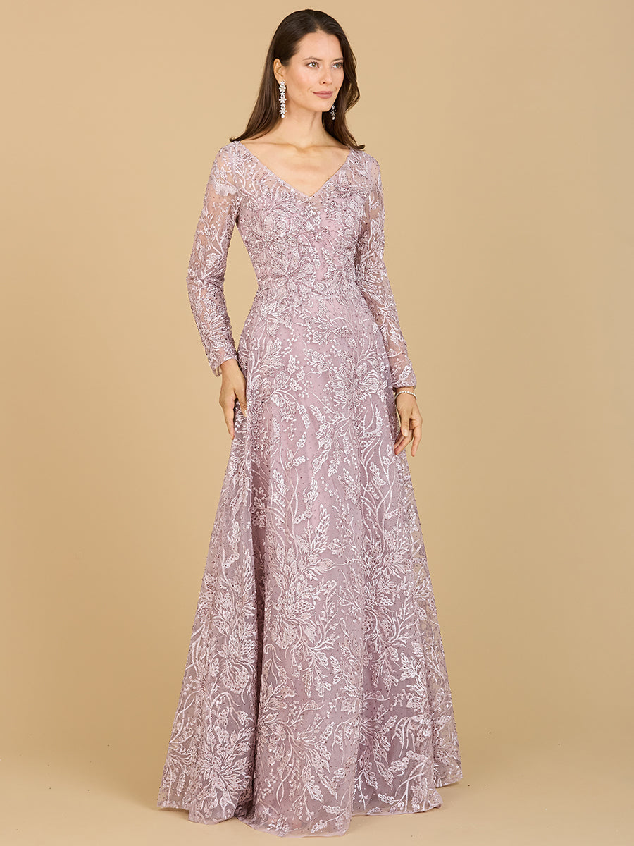 Lara 29200 - A-line Gown With Long Sleeves, V-Neckline-Dress-Lara-4-Mauve-Lara